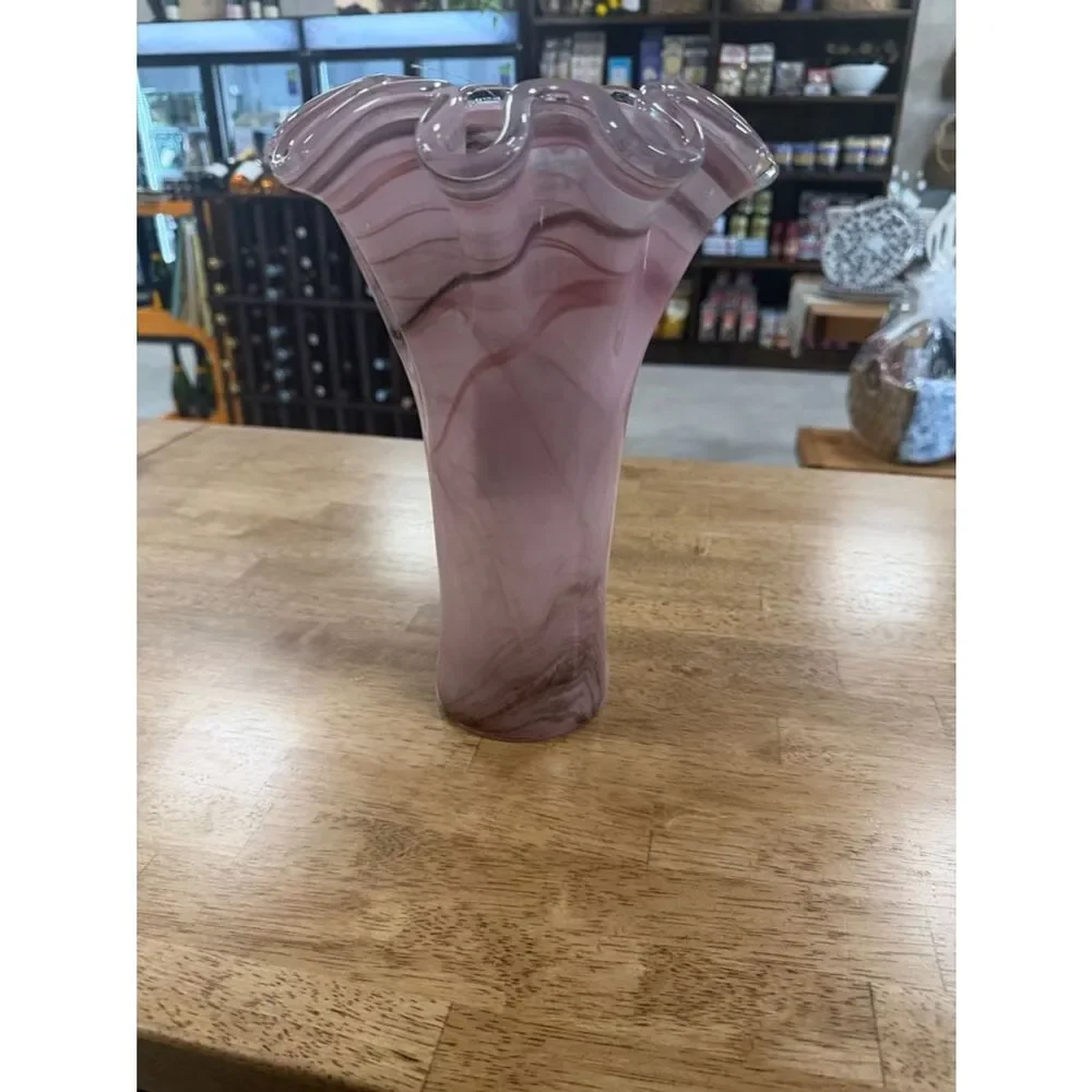 Murano Vintage Italian Pink Swirl Glass Vase- Handkerchief Style Rim